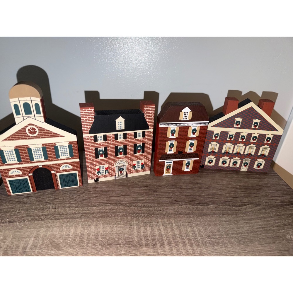 The Cats Meow Village Philadelphia Christmas Series 1988 Wooden Block Set 4pc